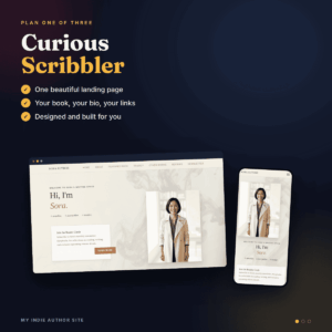 Curious Scribbler plan: a single author landing page shown on desktop and mobile