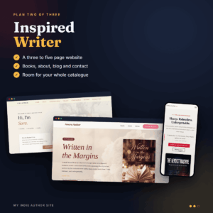 Inspired Writer plan: a three to five page author website shown on desktop and mobile