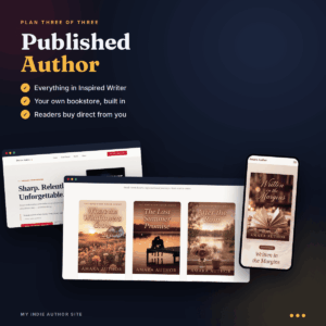 Published Author plan: a full author website with its own bookstore shown on desktop and mobile