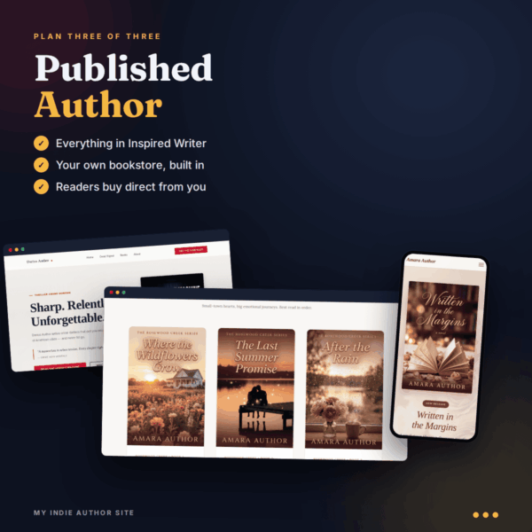 Published Author plan: a full author website with its own bookstore shown on desktop and mobile